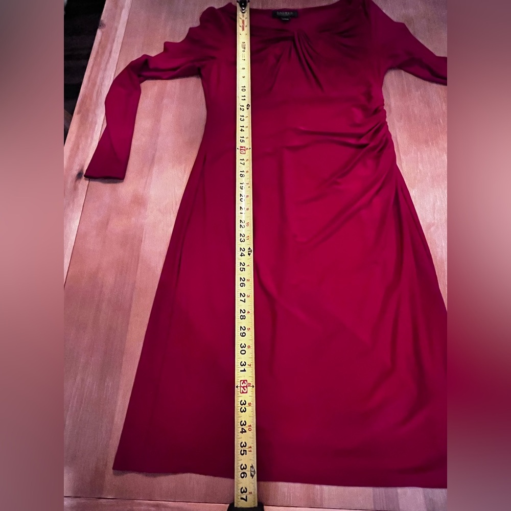Lauren Ralph Lauren Red,twist neckline,Gathered Long Sleeve Midi Dress 6 - Picture 11 of 12